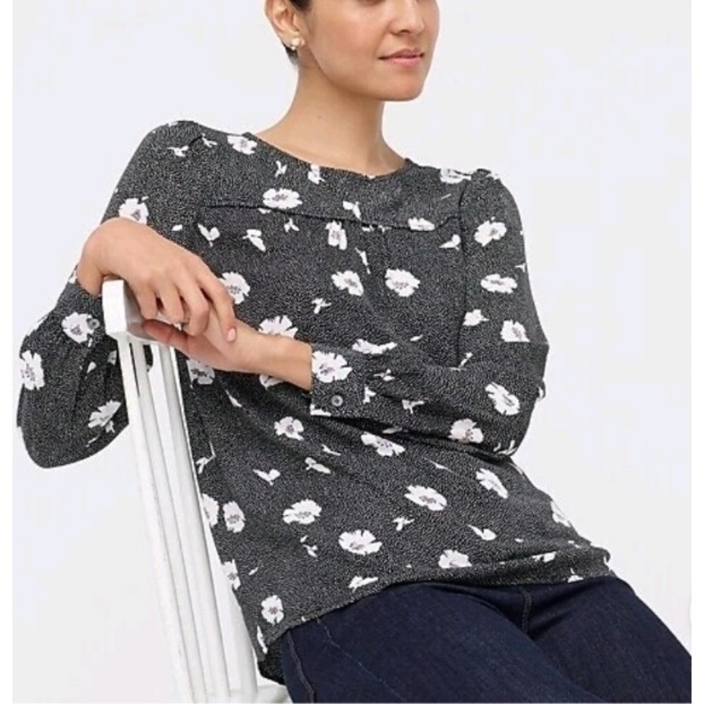 J.Crew Floral Dot Print Long Sleeve Blouse Top XS Black White Poppy NWT $70